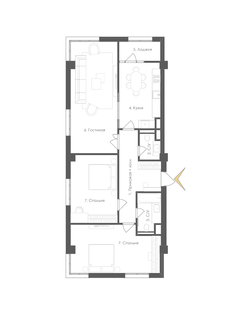 Планировка 3 комнатная №1